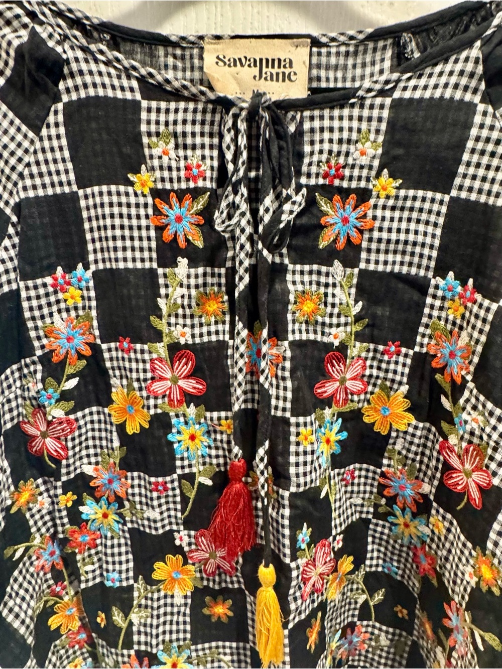 NWT Savanna Jane Medium Gingham Floral Embroidered Boho Blouse - Picture 3 of 5